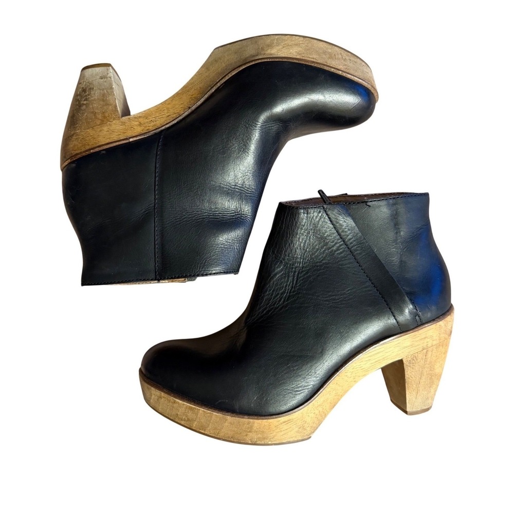 Kelsi Dagger Brooklyn Ankle Booties Black Leather Wood Block Heel Minimalist 10